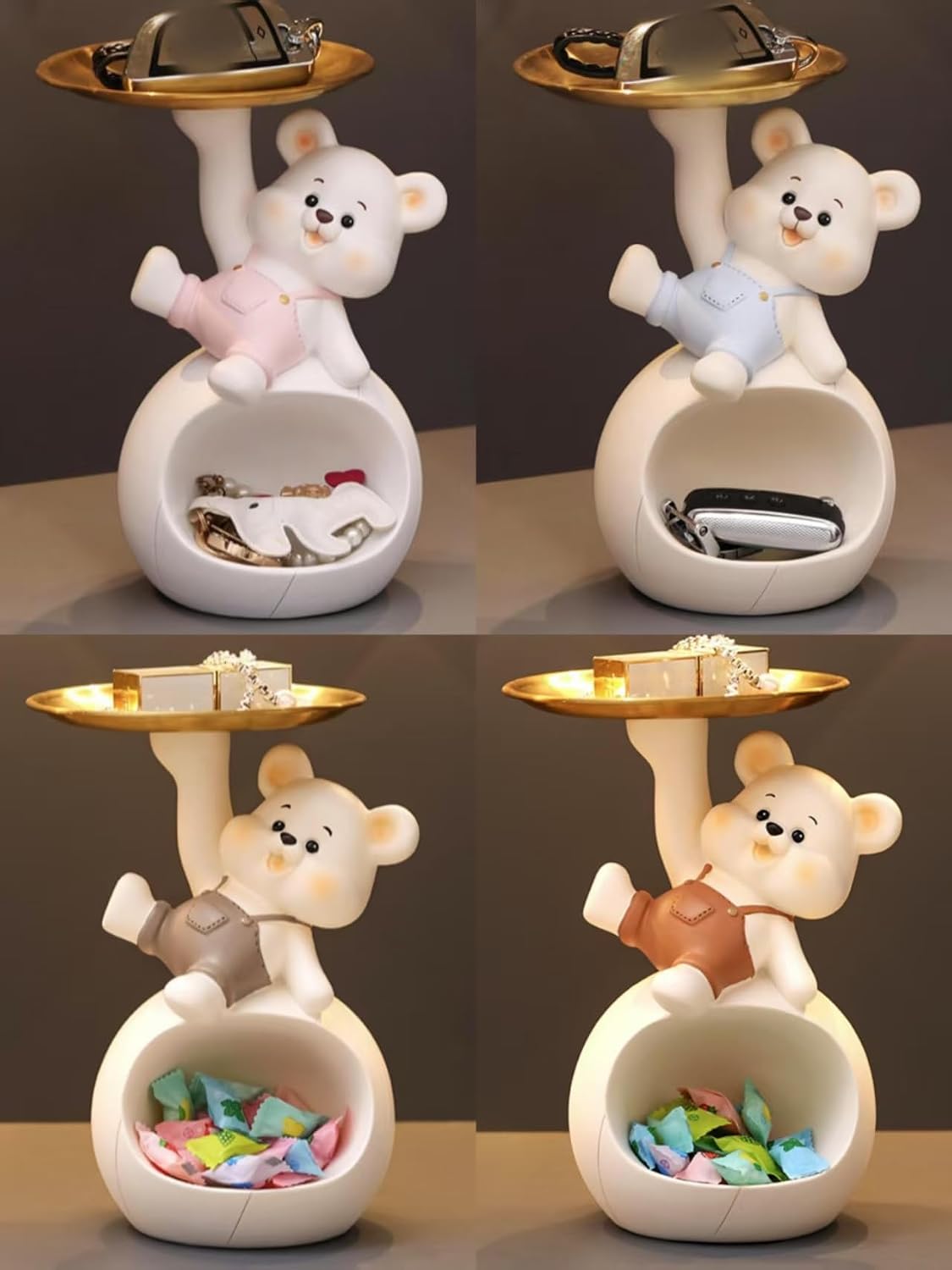 Decorative Cute Bear Resin Figurine,Storage Container with Gold Tray, 4 Colors Available (Grey)