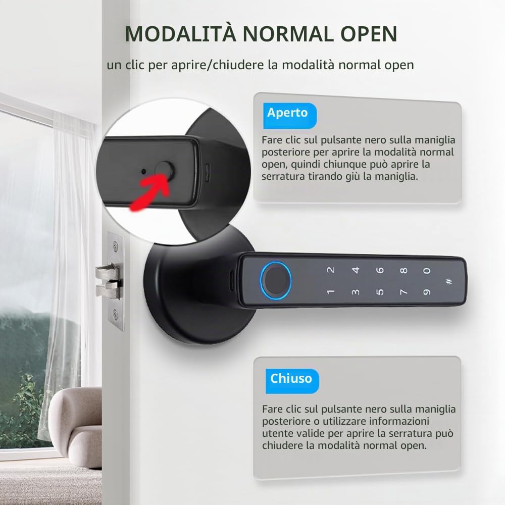 Serratura intelligente con impronte digitali e maniglia, serratura biometrica 4 in 1 con impronte digitali, 4 possibilità di sblocco, per porte di spessore 35-55 mm