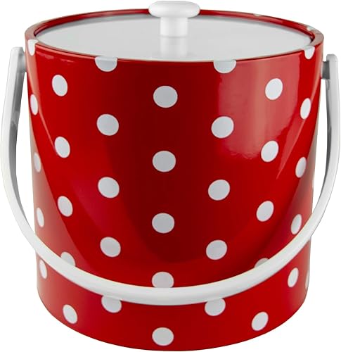 Miniatura 2 de Cubo de hielo aislado de 3 cuartos de galón de doble pared rojo y blanco hecho a mano en Estados Unidos con pinzas para hielo (colección de lunares)