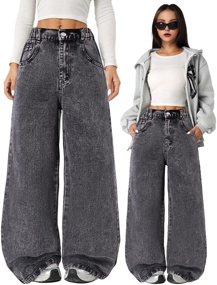 Nivne Tco Tween Girls Jeans 5 Pockets Loose Wide Leg Distressed Relaxed Fit Casual Elastic Waist Zipper Fly Denim Pants