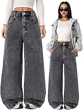Nivne Tco Tween Girls Jeans 5 Pockets Loose Wide Leg Distressed Relaxed Fit Casual Elastic Waist Zipper Fly Denim Pants