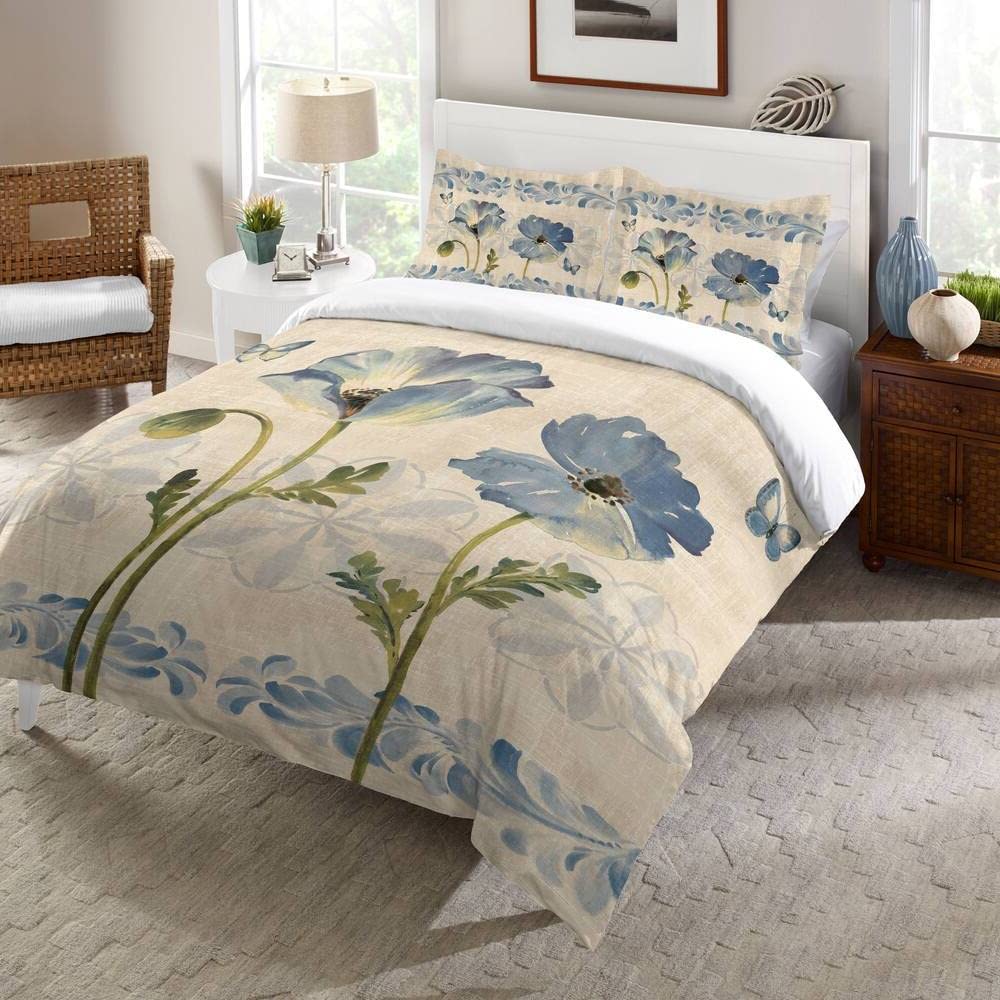 1 Piece Cotton Comforter Queen Size 200 Thread Count Brown and Blue Shade Reversible Aqua Poppies Floral Print Flowers Blooming | All Season Aesthetic Bedding Stylish Comfortable Stunning Smooth Soft