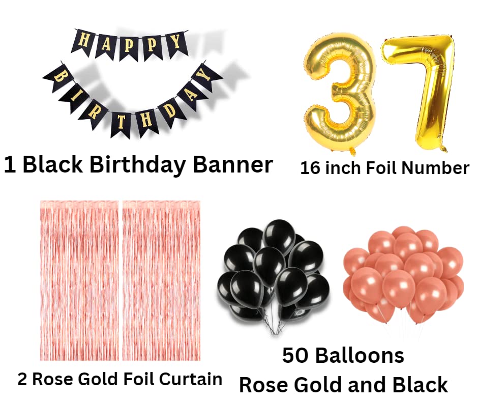 Image of 37th Birthday Decoration items for Girls with Black and Rose Gold Balloons, Black Happy Birthday Banner, Rose Gold Foil Curtain, Foil Balloon number 37