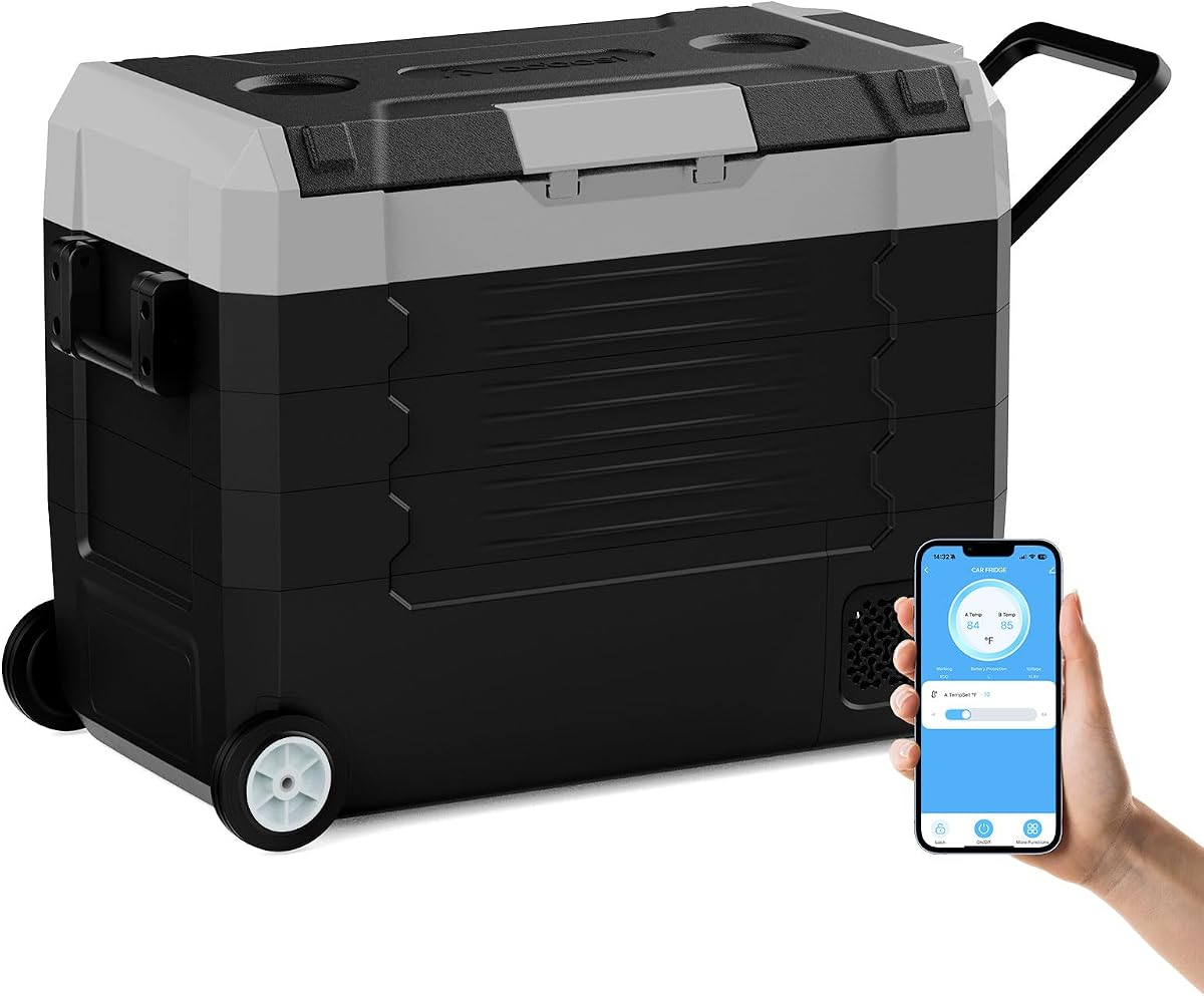 SubSun 58QT Car Refrigerator 12/24V DC 100~240V AC Electric Cooler, -4℉~68℉ | 55L Portable Freezer Single Zone Car Fridge Compressor Cooler, APP Control Plug in Coolers for Vehicles with Wheels