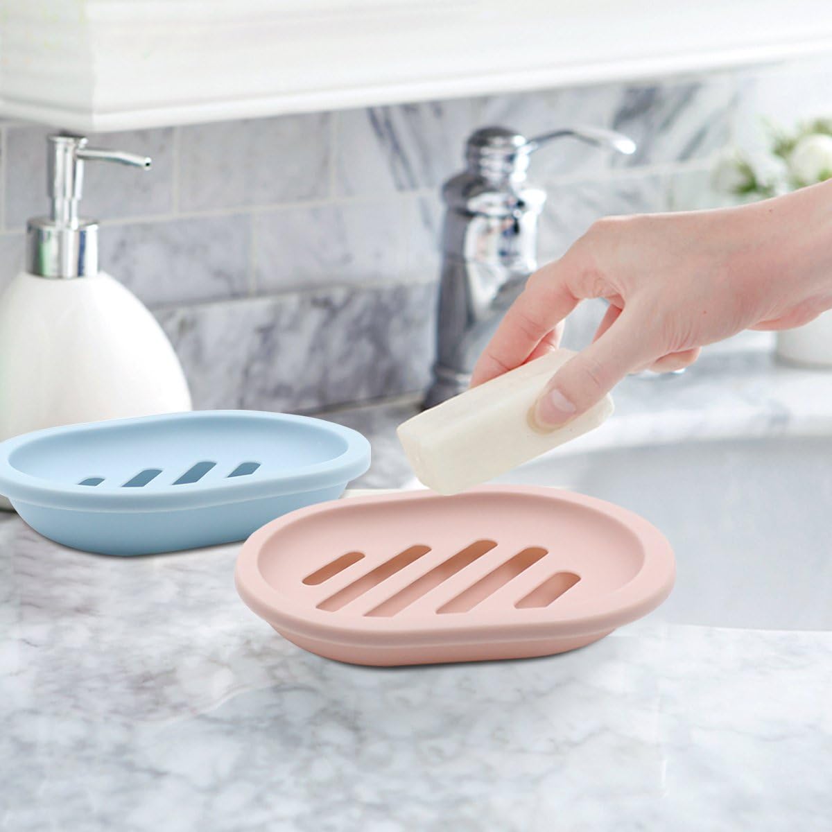 Topsky 2-Pack Soap Dish with Drain, Soap Holder & Saver, Easy Cleaning, Dry, Stop Mushy Soap (Blue) image 4