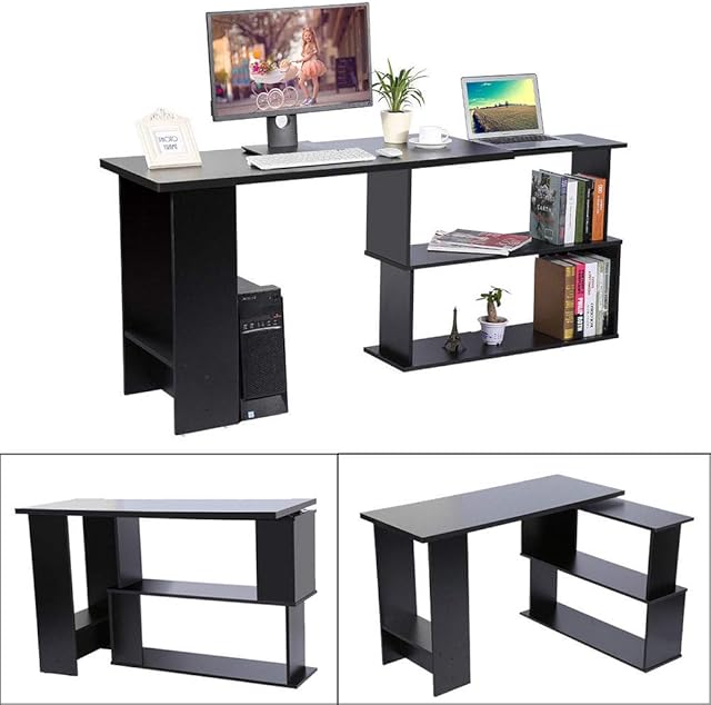 Computer Table,L Shaped Computer Desk PC Gaming Workstation Corner Computer Desk Wooden Laptop Table with 2 Storage Shelves and 360-Degree Rotation for Home Wide Angle Stastion Work Office
