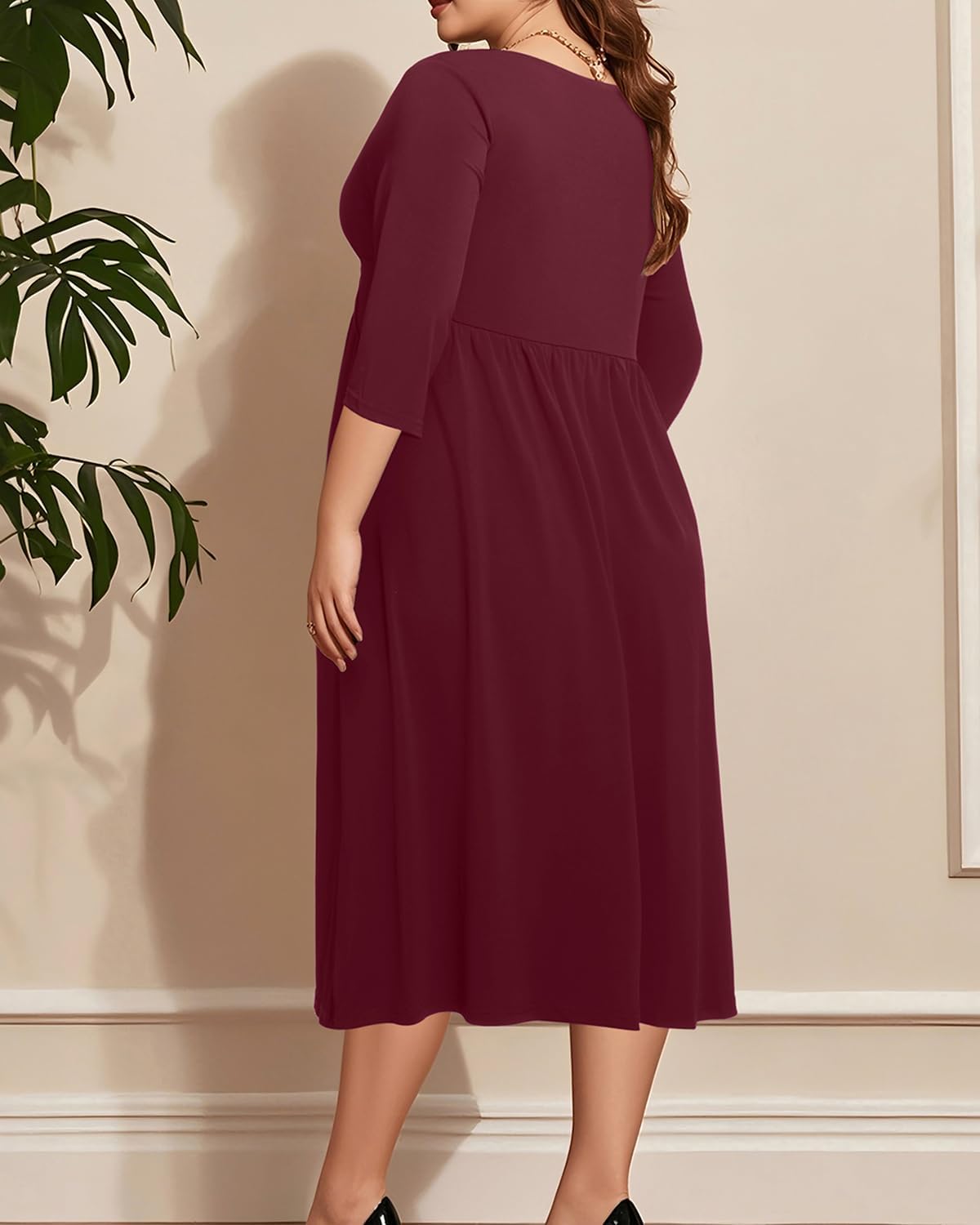 Plus Size Dress for Women Twist Knot V Neck 3/4 Sleeves A Line Wedding Guest Midi Dresses - Image 5