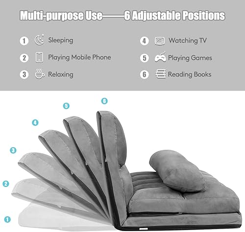 Miniatura 11 de Giantex Sofá de suelo ajustable, sofá cama plegable perezoso ajustable en 6 posiciones, funda de tela de gamuza, sofá de juegos de suelo con 2