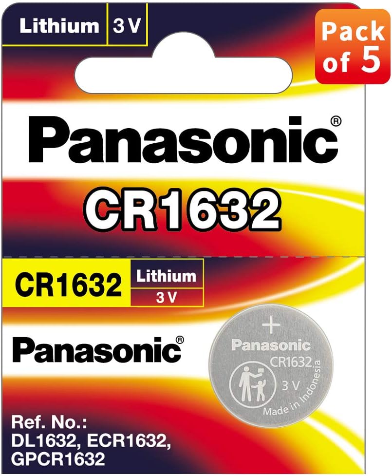 Panasonic CR-1632 Lithium Coin Battery 3v - Pack of 5 Provide Long Lasting Power in a Variety of Devices,from keyless-Entry fobs to Toys