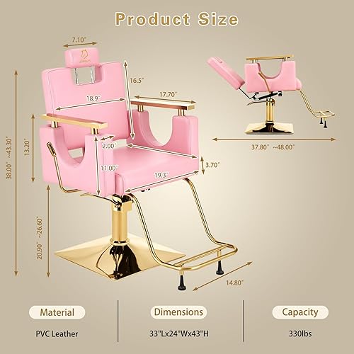 Miniatura 73 de Silla de peluquería resistente, silla reclinable giratoria de 360° para estilista, silla de peluquería hidráulica ajustable en altura con reposapiés