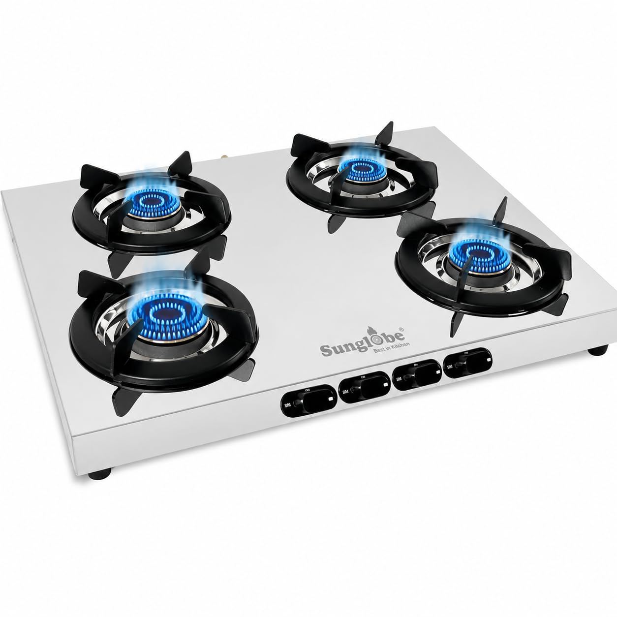 SunGlobe Aura 4 Burner Gas Stove with Brass Burners, Stainless Steel | Ultra slim steel body, Up to 74% efficient brass burners, ISI certified, 2-year warranty-image-20