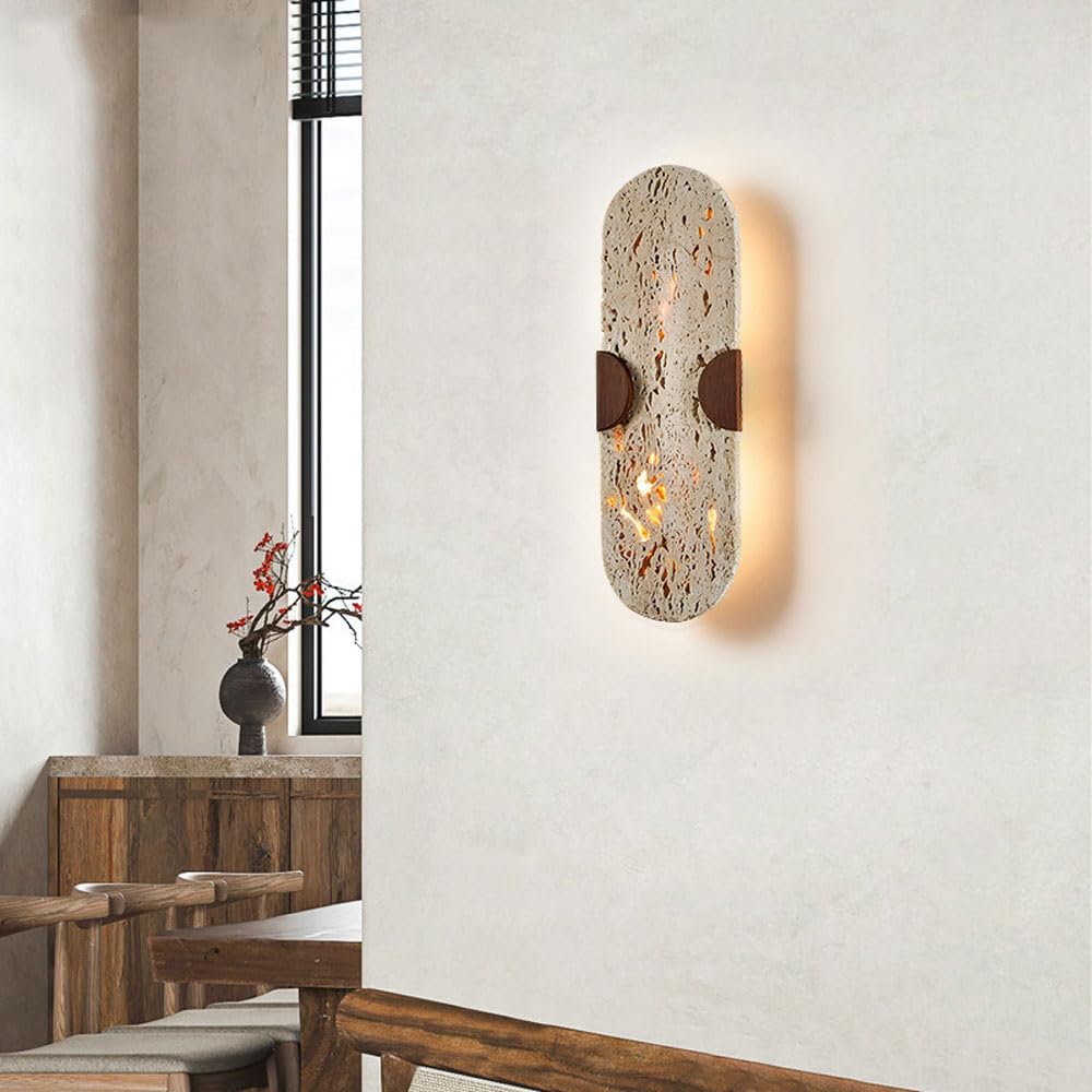 Applique da Parete in Stile Industriale, Ovale da 35 cm (13,7 Pollici) in travertino Giallo, Sorgente Luminosa G9, Lampada da Parete in Pietra Naturale, apparecchi di Illuminazione Decorativi
