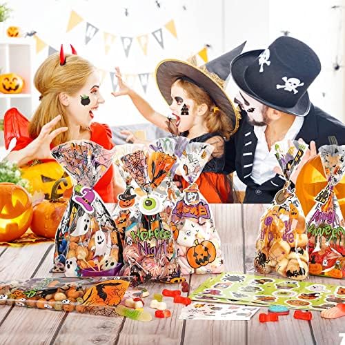 Halloween Cellophane Bags Treats Bags, 200 PCS Halloween Candy Bags for Kids Treat or Trick Party Supplies, 8 Styles Halloween Goodies Bags Gift Bags with Tattoo Stickers for Halloween Party Favors