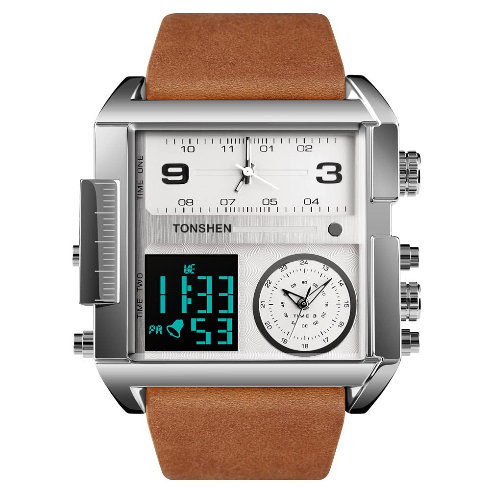 TONSHEN Uomo Fashion Acciaio Inossidabile Digitale Orologi da Polso e Pelle Cinturino Multifunzione LED Elettronico Outdoor Militare Sportivo Orologio Tre Tempo Stile Casual