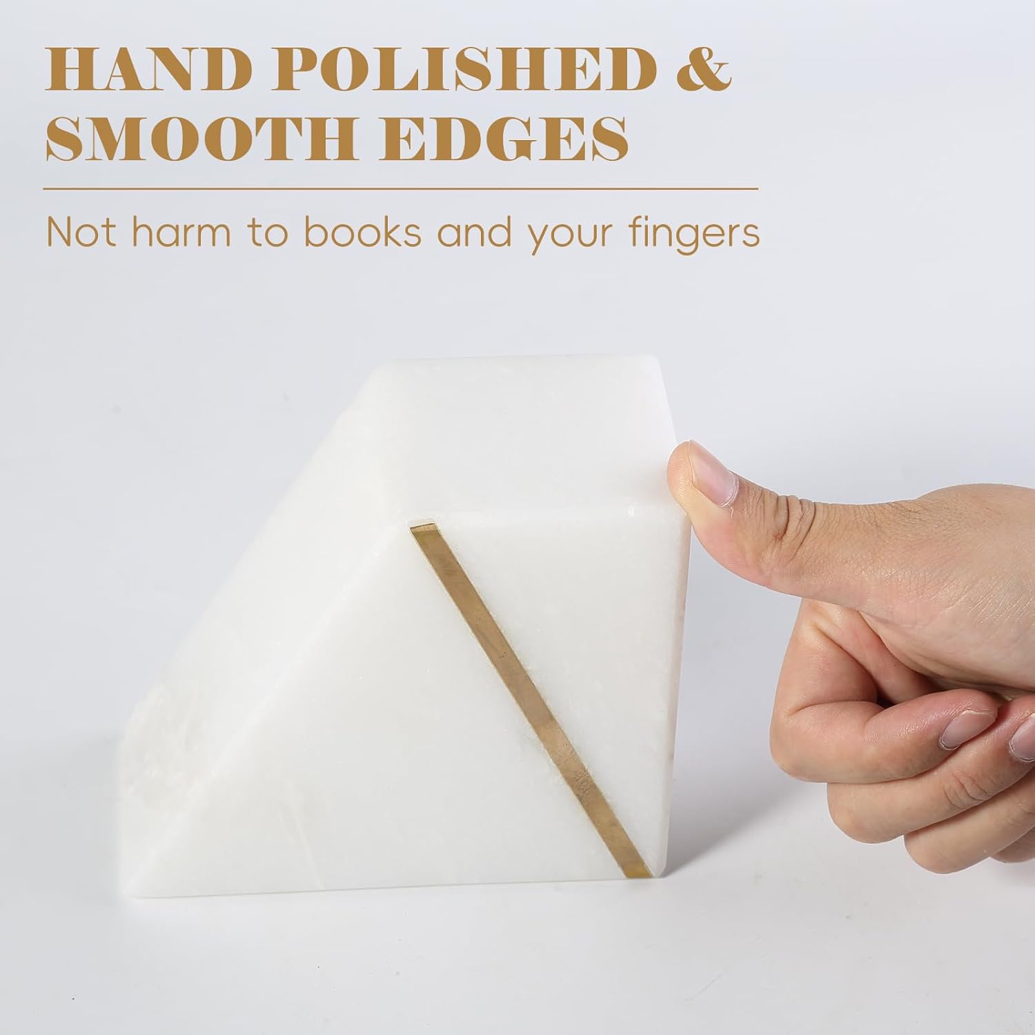 Natural Marble Bookends for Shelves, Decorative Book Ends for Heavy Books, Heavy Duty Mid Century Modern White and Gold Stone Book Holders with Brass Inlay, Unique Bookshelf Stopper Decor, Set of 2