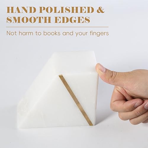 Miniatura 5 de Sujetalibros de mármol natural para estantes, extremos decorativos para libros pesados, soportes de libros de piedra blanca y dorada modernos de