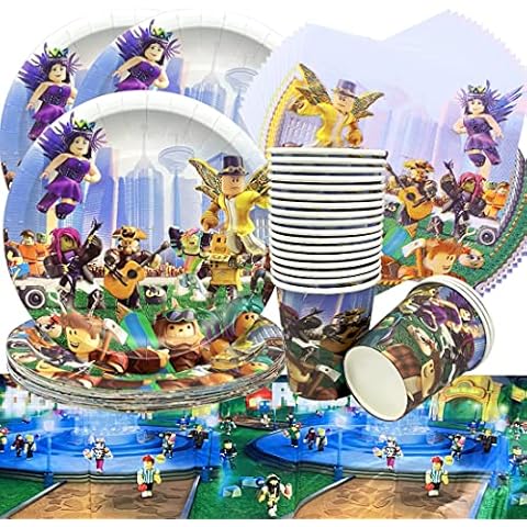 Doyomtoy Roblox Game Children's Birthday Party Tableware, Party Accessories, Paper Plates Set, Including Tablecloth, Plates, Cups, Napkins for Baby Showers, Weddings, Anniversaries (20 Guests) Cover