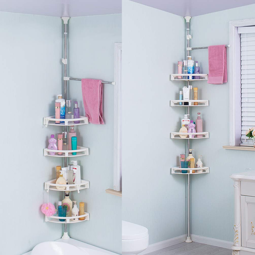 Hershii Estante organizador de ducha esquinero para baño con 4 cestas grandes y barra de toallas, color marfil