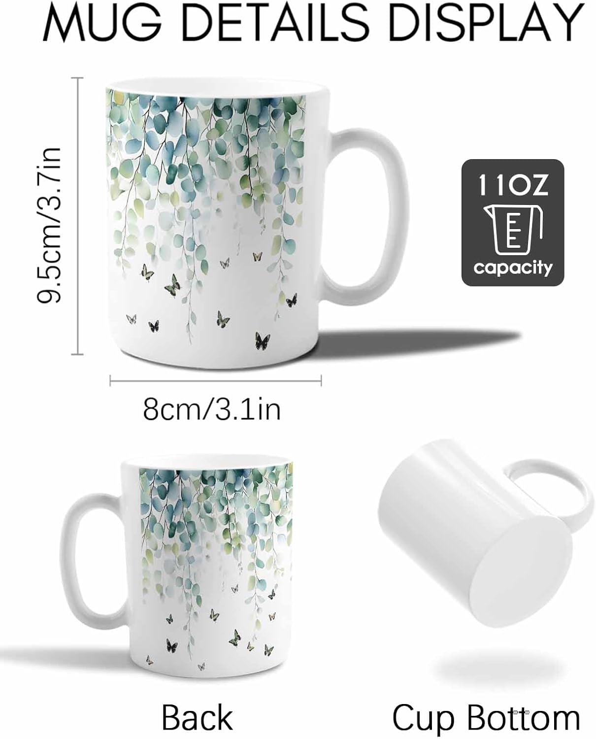 BEMIGO Ceramic Coffee Mug Eucalyptus Leaves Ceramic Mug White Cup, Farmhouse Butterfly Insulated Coffee Cup with Handle with Pattern Perfect for Tea and Hot Beverages, 12oz