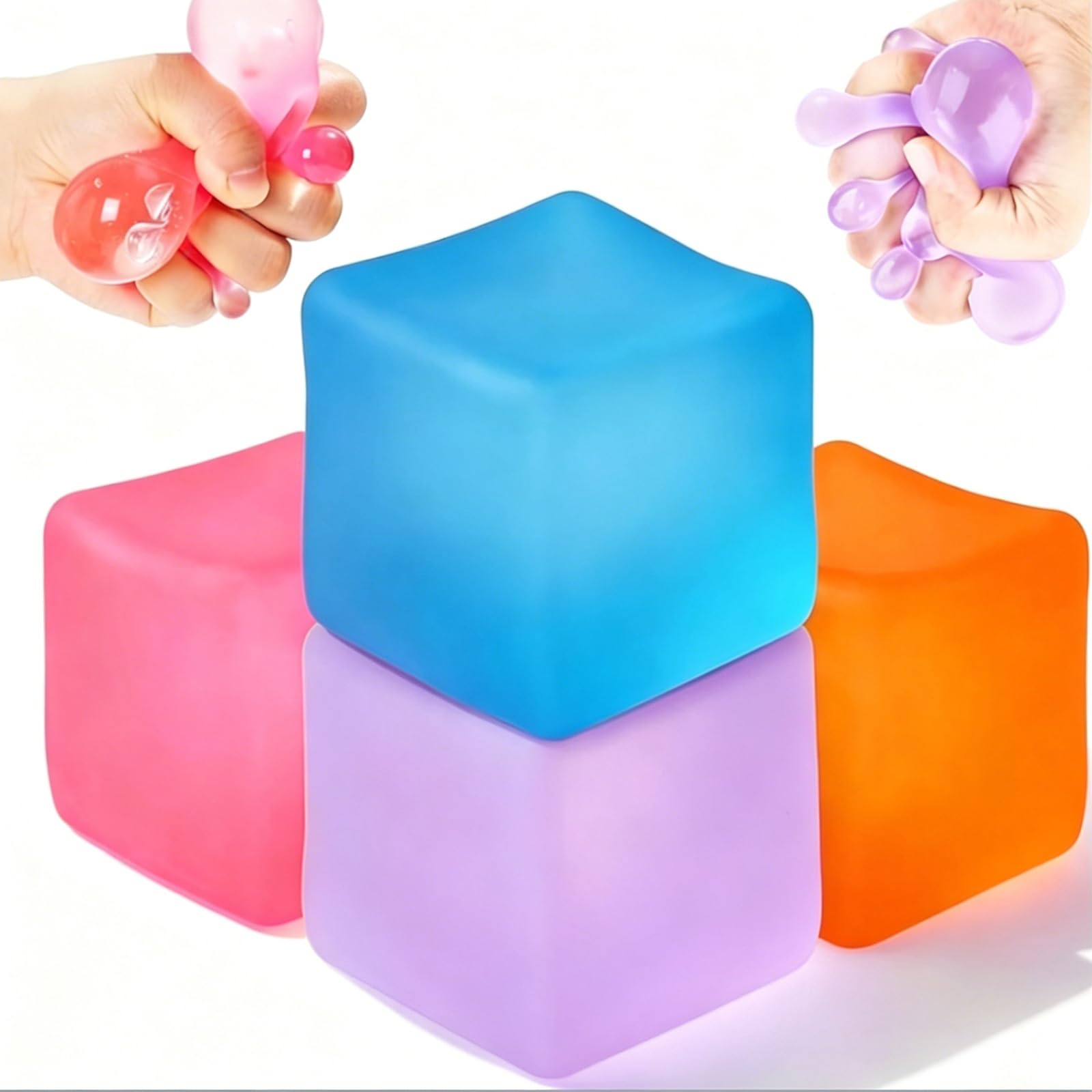 Stress Balls for Autism, 4Pcs Strength Squeeze Doh Cube Squishy Fidget Toys for Teens Adults, Sensory Toys for Autism Classroom, Square Stress Balls Anxiety Relief