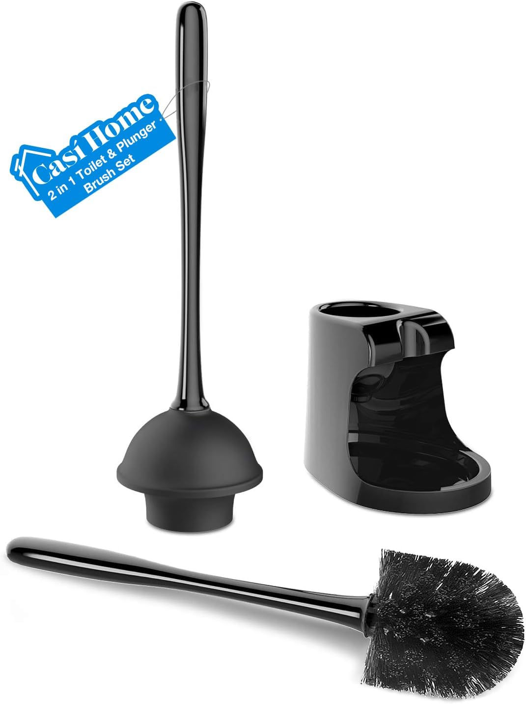 Black Toilet Brush and Plunger Set with Ventilated Holder