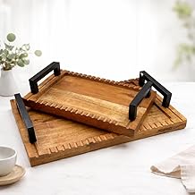 POSHIO Acacia Wood Serving Tray with Handles – Set of 2(12″×10″)(10″×6″) Decorative Serving Platter for Home Restaurants and Parties | for Serving Sushi & Other Snacks