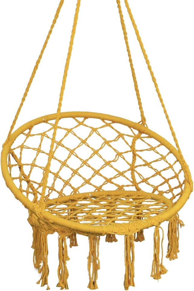 PIRNY Hammock Chair Rope Hanging Swing,Capacity Up to 400 Lbs,Boho Handmade Tassels,Suitable for Indoor Outdoor Porch Garden Patio (Yellow)