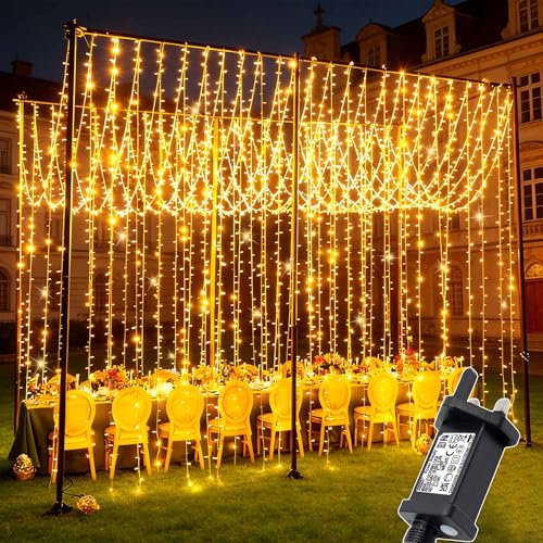 Joycome Curtain Lights Outdoor, 6mx3m 600 LED Curtain Fairy Lights Plug in, 8 Modes/Timer/Connectable Waterfall Fairy Light, Waterproof String Light for Garden Gazebo Wall Ceiling Party (Warm White)