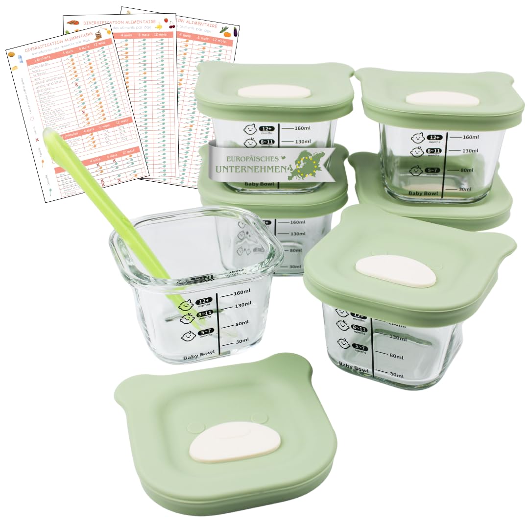 HELLO HIPPO® Set mit 6 Babygläsern à 180 ml – Ideal für Kompotte, Pürees und Früchte, luftdicht und praktisch mit Messskala, inklusive Löffel – Perfekt für Babynahrung