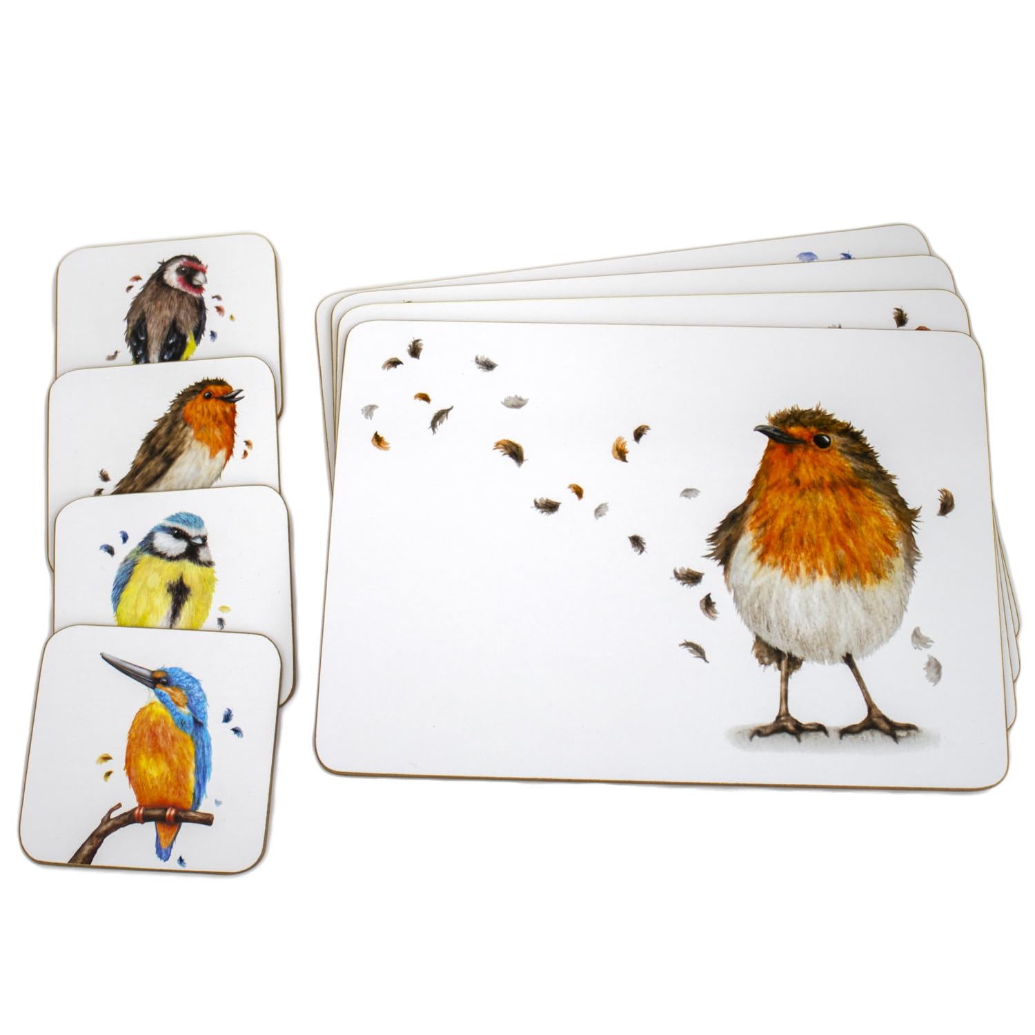 [Pack Of 4] British Garden Birds Placemats & Coasters Set, Cork Back
