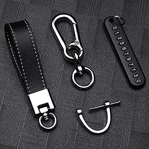 Image of Genuine Leather Keychain for Car , Universal Heavy Duty Key Chain with Phone Number Plate for Men and Women
