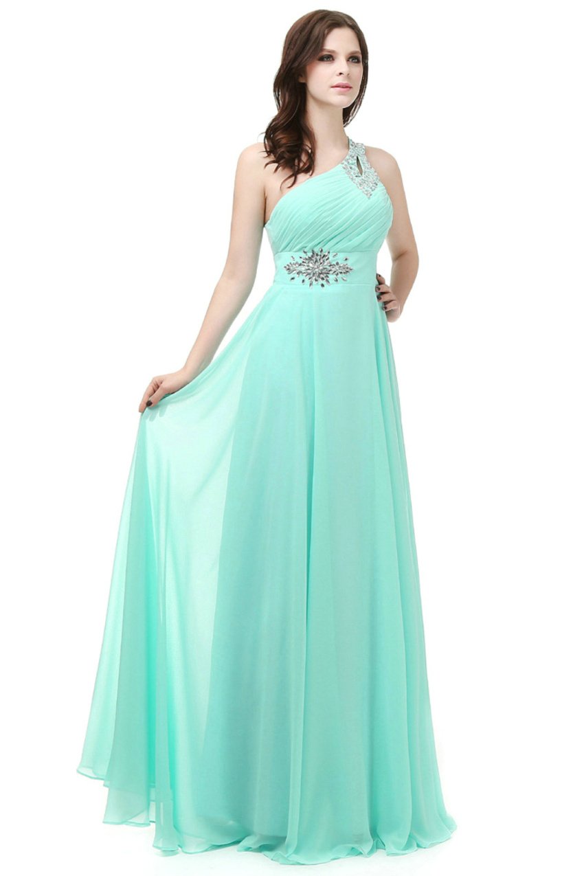Vestido formal de noche para mujer, con un hombro, de gasa, para bailes, damas de honor, verde jade, 40
