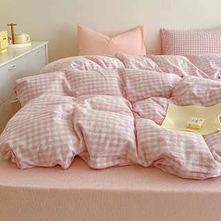 Checked Bed Linen 135 x 200 cm Pink White Bed Linen Set Washed Microfibre 2-Piece A…
