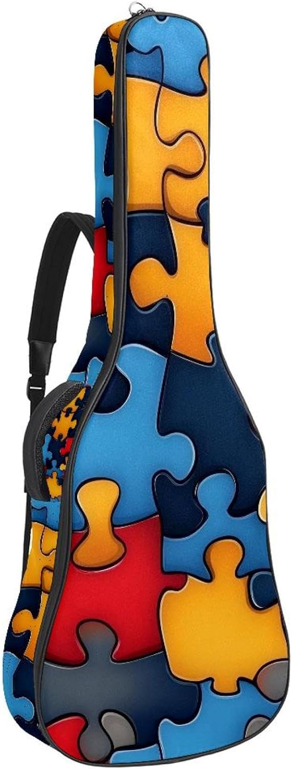 Cute Colorful Puzzle Seamless Pattern Acoustic Guitar Gig Bag, 1 cm Thick Padding Waterproof Guitar Bag Backpack for 40 41 42 Inch Electric Bass Classical Guitars