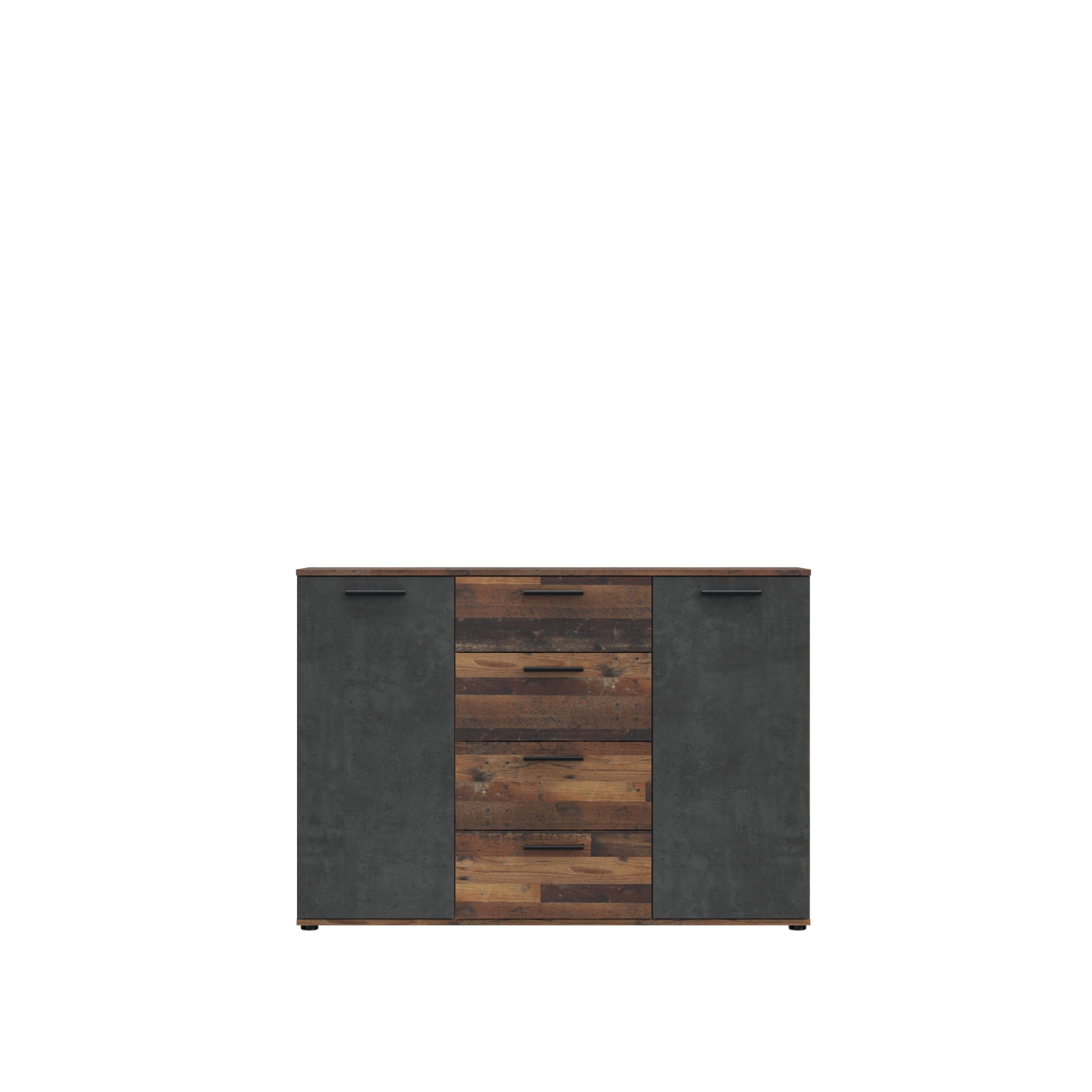 Forte ATTALYAR Kommode mit 4 Schubladen und 2 Türen, Holzwerkstoff, Old – Wood Vintage/Betonoptik Dunkelgrau, B x H x T: 129,6 x 91,3 x 38 cm