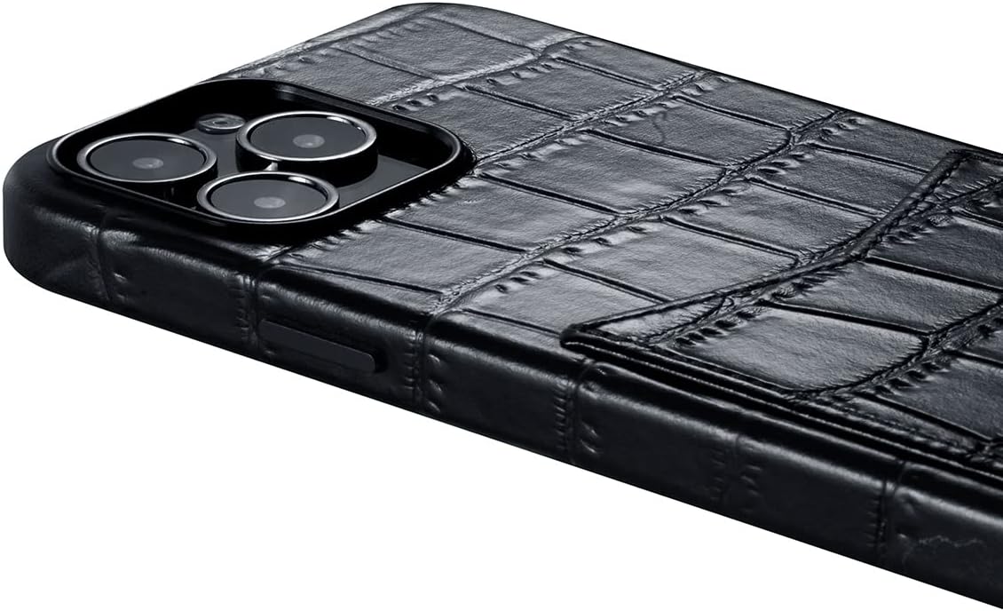 Compatible with iPhone 14 Pro Wallet Case,Genuine Cowhide Leather Case with Card Holder Embossed Crocodile Pattern,Built-in Magnets for MagSafe Charging-Croco Black