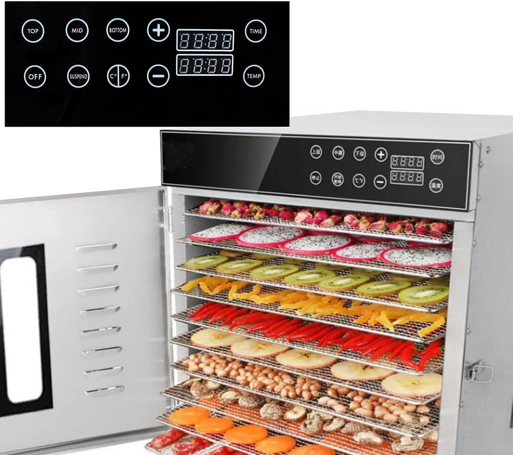 Digital control panel and interior of TECHTONGDA Food Dehydrator with food on trays