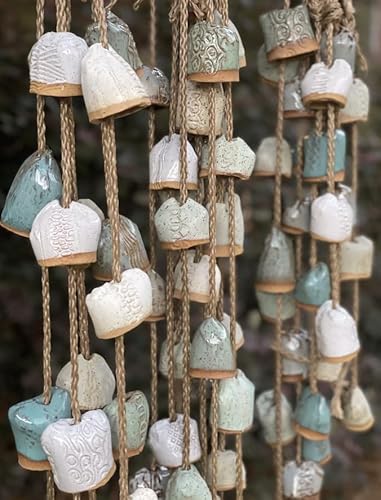 Handmade Ceramic Bell-Shaped Wind Chimes – Stoneware Garden Decor, Outdoor Hanging Chimes, Unique Craftsmanship (5 strands, 15 bells)