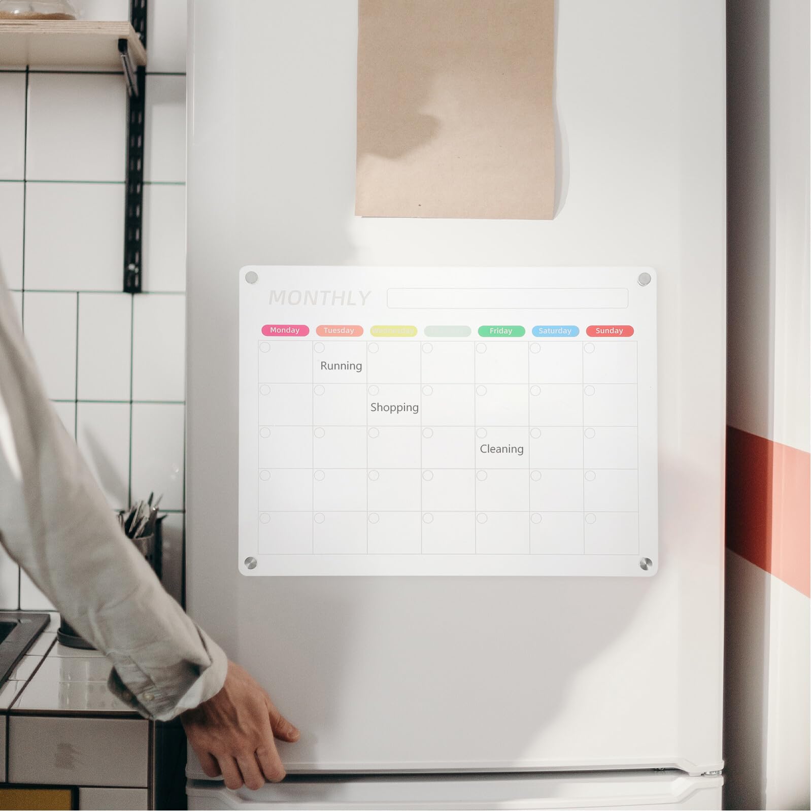 WOONEKY Lavagna Magnetica per Frigorifero Trasparente con Calendario Mensile e Settimanale Lavagnetta Cancellabile Secco con Pennarello e Panno Memo Board Magnetico per Organizzazione e