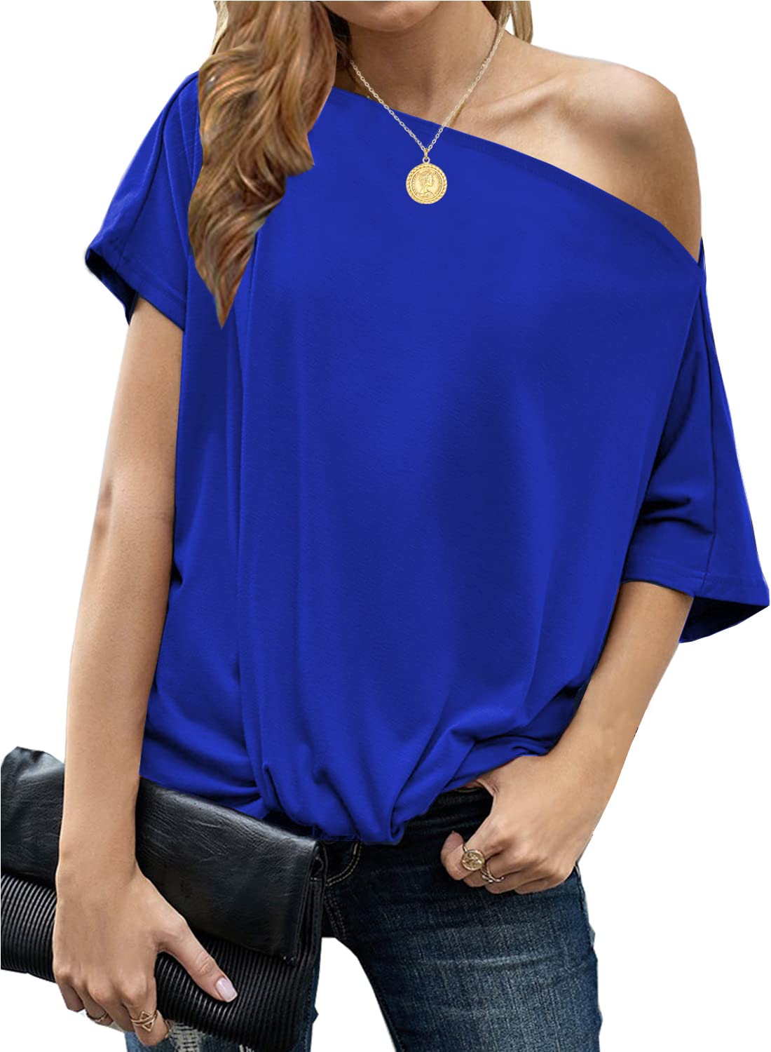 LEIYEEWomens Off Shoulder Tops Summer Casual Short Sleeve Front Twist Knot T Shirts Blouses