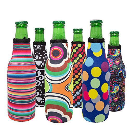 Beer Bottle Cooler Sleeve Set of 6 Fun Trendy Design 3mm Neoprene Zipper Sleeve Fully Stitched Insulated Beer Bottle Covers