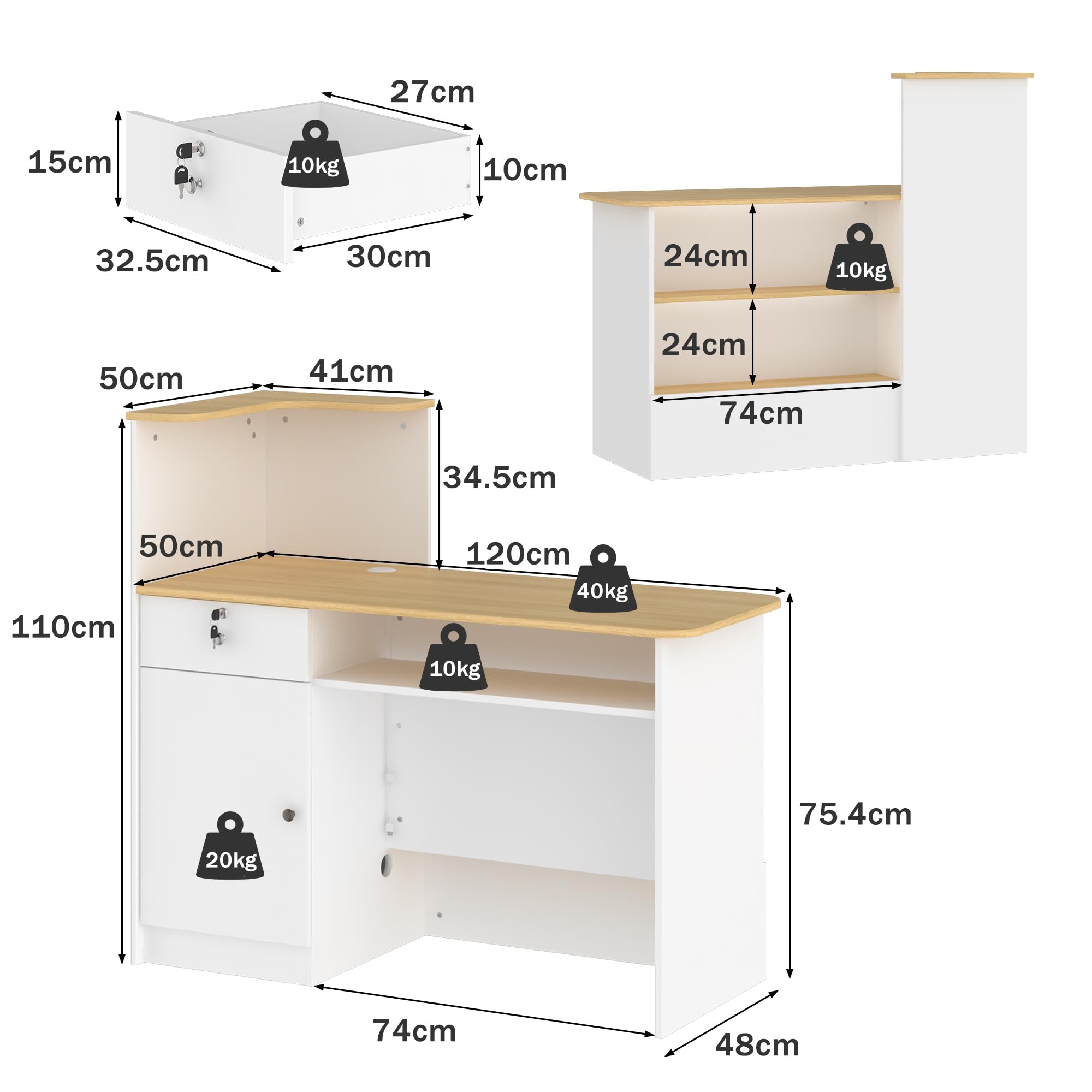 Banco reception, tavolo da reception, bancone con illuminazione a 3 colori, tavolo reception con 1 cassetto e 1 armadio, bancone con area espositiva aperta con 2 scomparti bianco + legno naturale