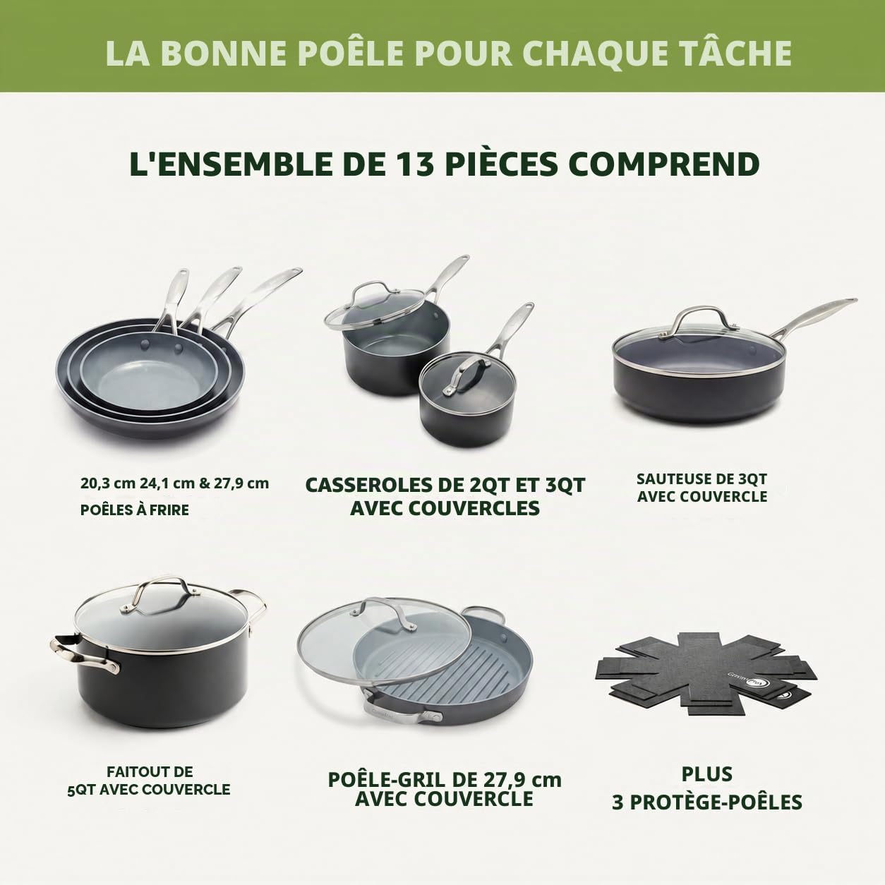 GreenPan Valencia Pro Céramique Anodisée Saine Antiadhésive Batterie de Cuisine de 16 Poêles,Fête des Mères,Sans PFAS,Inclus Poêles à frire,Sauteuses,Casseroles,Induction,Lave-vaisselle,Four,Gris