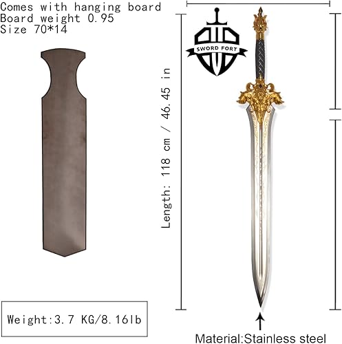 Vista 2 de Sword fort Espada de acero inoxidable de 46.5 pulgadas, espada de león rey Ryan, espada vintage de artes marciales con placa para colgar, cabeza
