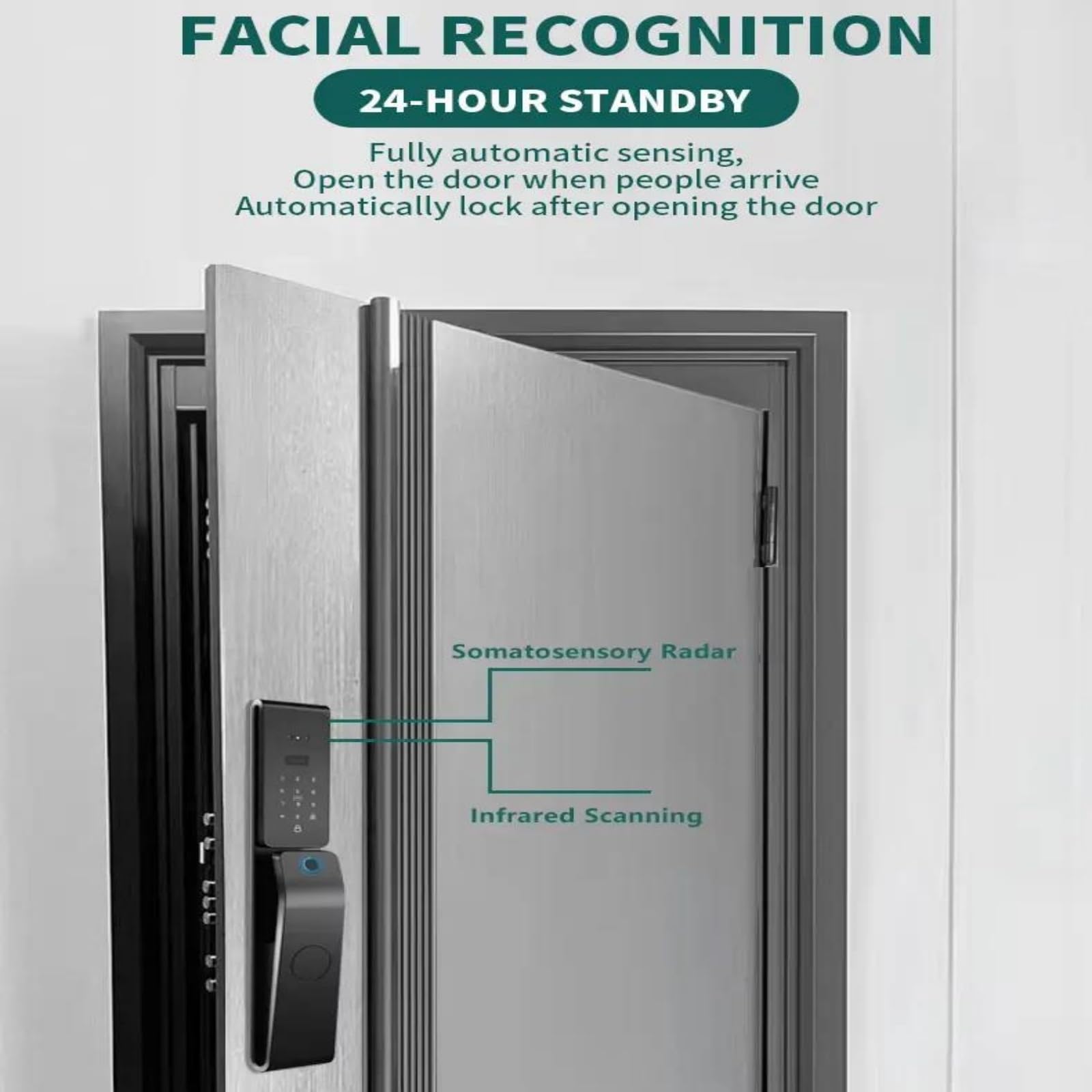Cerradura inteligente con reconocimiento facial 3D: entrada sin llave, videoportero, huella dactilar, tarjeta IC, control por aplicación y desbloqueo remoto.,Gray 24 * 240mm