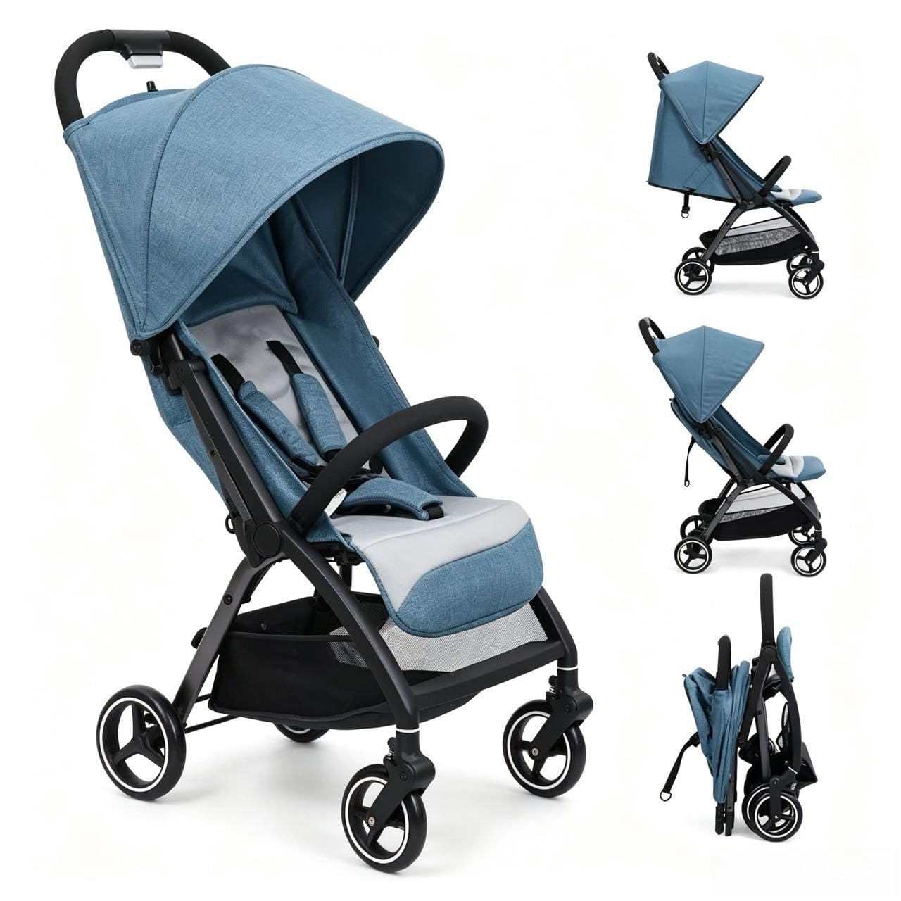 Lightweight Baby Pushchair with 3 Recline Positions, Stroller for Birth Up to 4 Years (22kg), One Hand Foldable, Travel Stroller with 5-Point Harness & EVA Shock Absorbing Wheels, Green