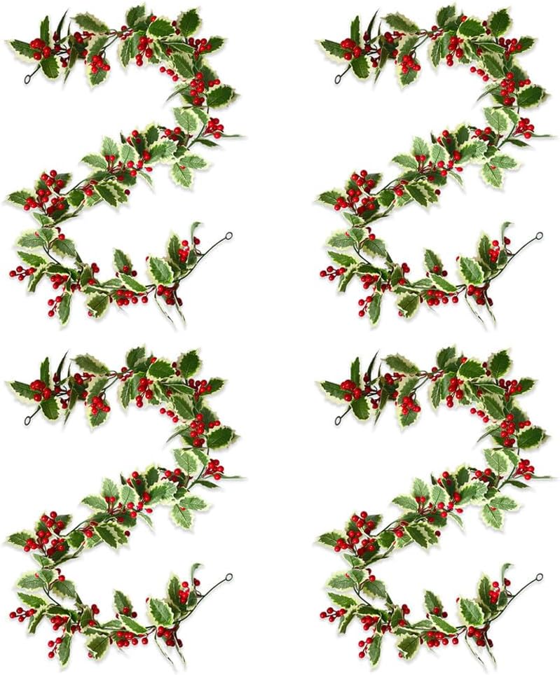 4 Pieces Xmas Green Garland 69inch Artificial Christmas Red Berry Vine Winter Holly Leaves Garland Outdoor for Indoor Outdoor Home Wedding Winter Party Door Frame Backdrop Decor(A)