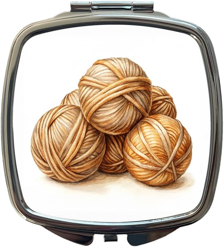 Balls of Tan Yarn Knitting Crochet Watercolor Small Travel Purse Handbag Pocket Makeup Compact Mirror
