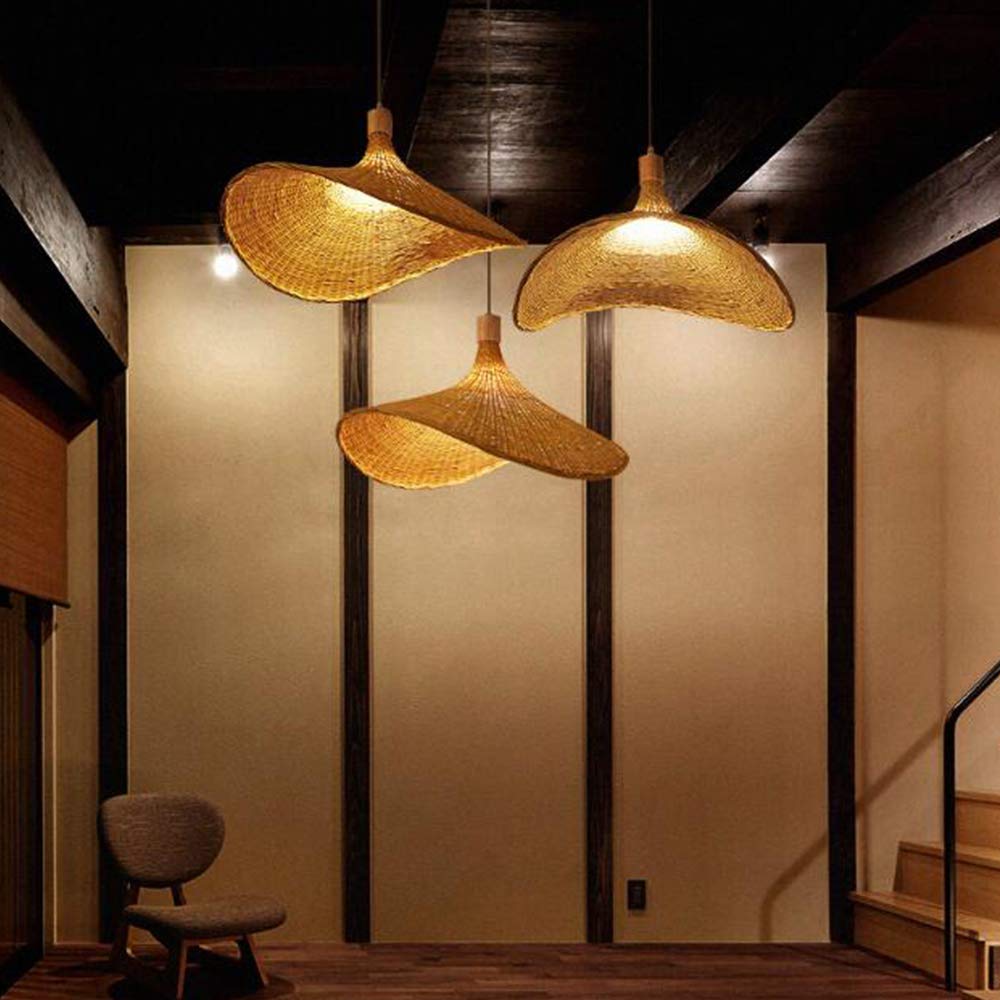 Lampada A Sospensione Bambù Paralume in Vimini Intrecciata Rattan Stile Naturale Creativo Lampadario A Forma Di Cappello E27 Lampadas Per Camera Da Letto Sala Da Pranzo Soggiorno Cucina,60cm