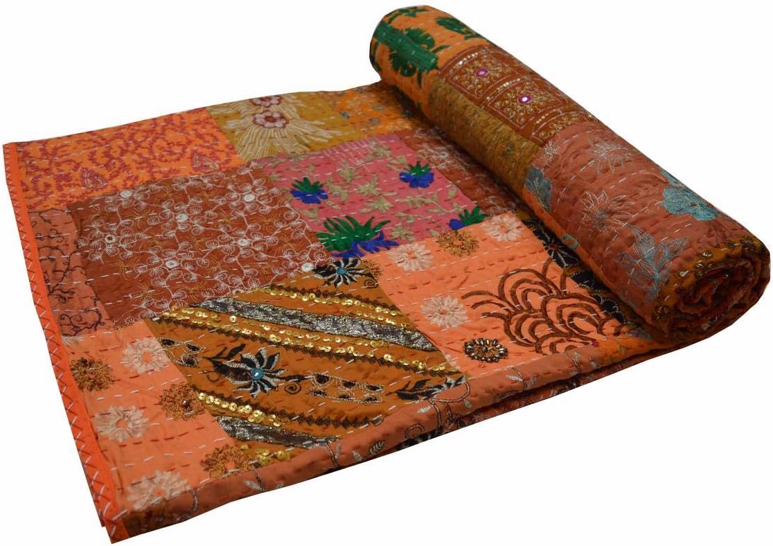 Khambadiya Print Hand Jari Pacthwork Cotton Quilt Gudri Vintage Handmade Kantha Indian Throw Bedcover Bedspread Khambadiya Quilts, Oragne, 90x108 Inch
